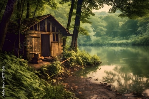 an old hut by the river in the forest