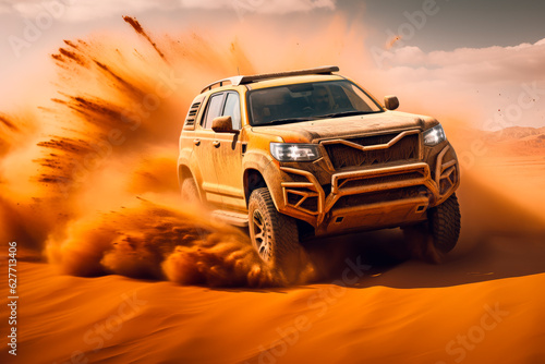 Off-road vehicle in the desert splashing sands around