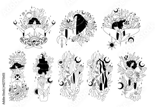 Girl with wild flowers and crescent moons clipart set, Black color silhouettes hand drawn line woman in mystical nature, floral natural eco concept, vector design