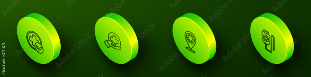 Set Isometric line Cross hospital medical, , Map pointer with cross and IV bag icon. Vector Set Isometric line Cross hospital medical, , Map pointer with cross and IV bag icon. Vector
