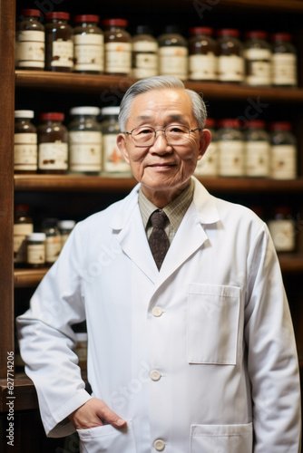 An old Chinese medicine doctor in a white coat stood in front of the medicine cabinet