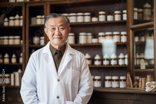 An old Chinese medicine doctor in a white coat stood in front of the medicine cabinet