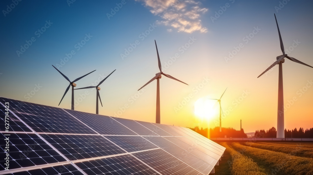 Windmill wind turbine and solar cell panel on blue sky at sunset , renewable electricity energy concept Windmill wind turbine and solar cell panel on blue sky at sunset , renewable electricity energy concept