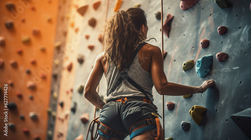 Sportswoman starting a climbing wall , young adult woman doing sports