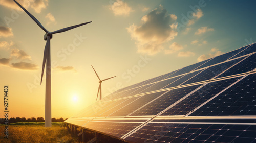 Windmill wind turbine and solar cell panel on blue sky at sunset , renewable electricity energy concept