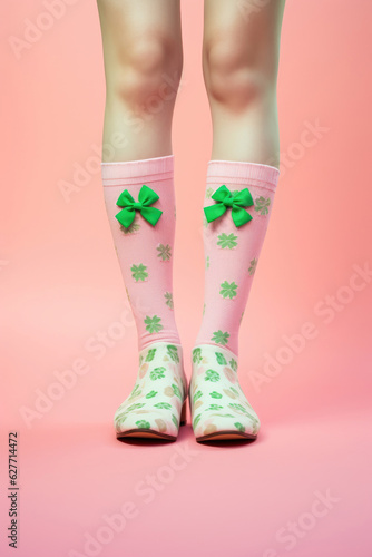 Women's legs in socks with a clover motif on a pink background