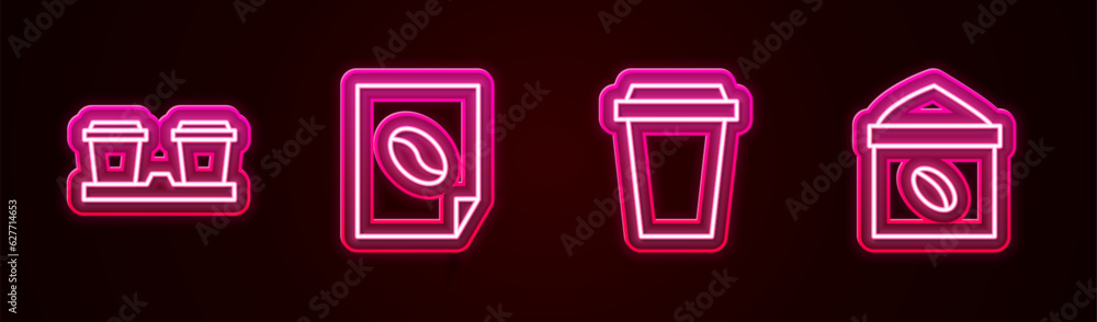 Set line Coffee cup to go, poster, and Bag coffee beans. Glowing neon icon. Vector Set line Coffee cup to go, poster, and Bag coffee beans. Glowing neon icon. Vector