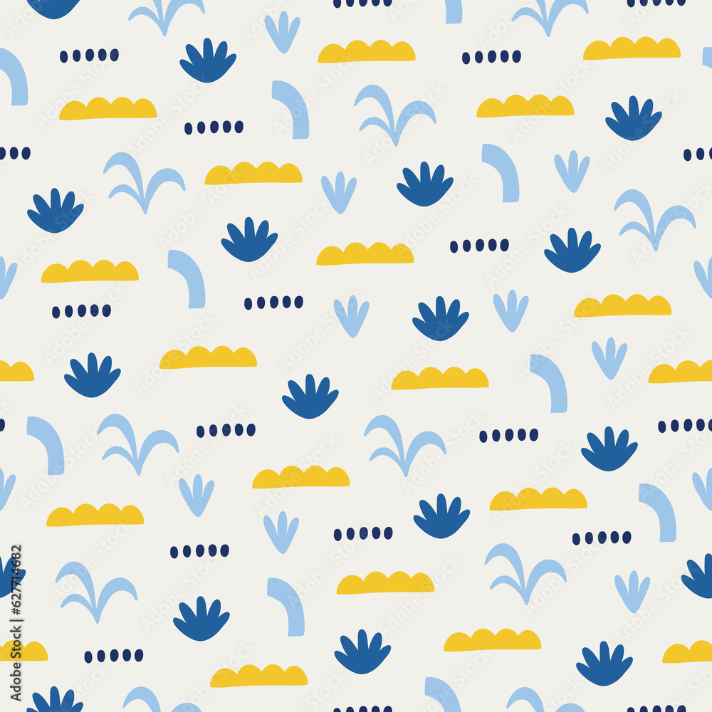 Summer seamless pattern with grass and abstract shapes. Vector illustration Summer seamless pattern with grass and abstract shapes. Vector illustration