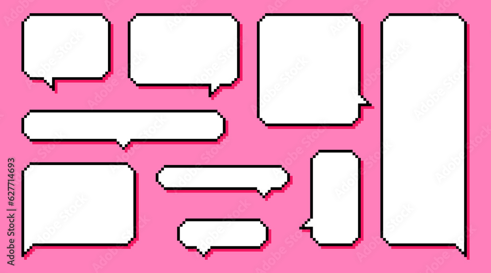 Obraz premium Collection different pixel texting dialogue boxes or speech bubble isolated on pink background.