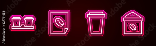 Set line Coffee cup to go, poster, and Bag coffee beans. Glowing neon icon. Vector