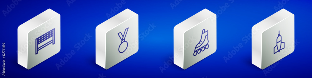 Set Isometric line Ribbon in finishing line, Medal, Roller skate and Dart arrow icon. Vector Set Isometric line Ribbon in finishing line, Medal, Roller skate and Dart arrow icon. Vector