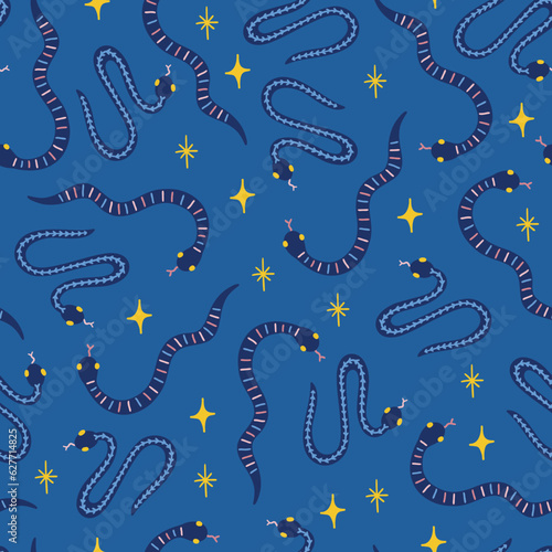 Celestial seamless pattern with snakes and stars on blue background