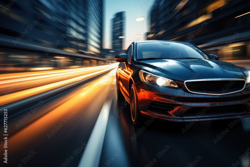 car on the road with motion blur background, blue toned image ,Generative AI