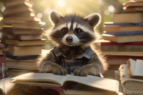 Curious Raccoon Learning Amidst a Towering Stack of Books - AI generated