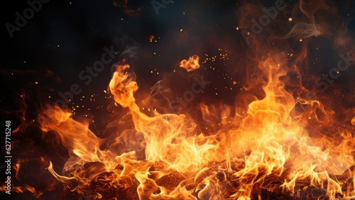 great fire blazed. sparks burn with smoke. dark background