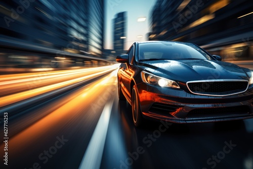 car on the road with motion blur background  blue toned image  Generative AI