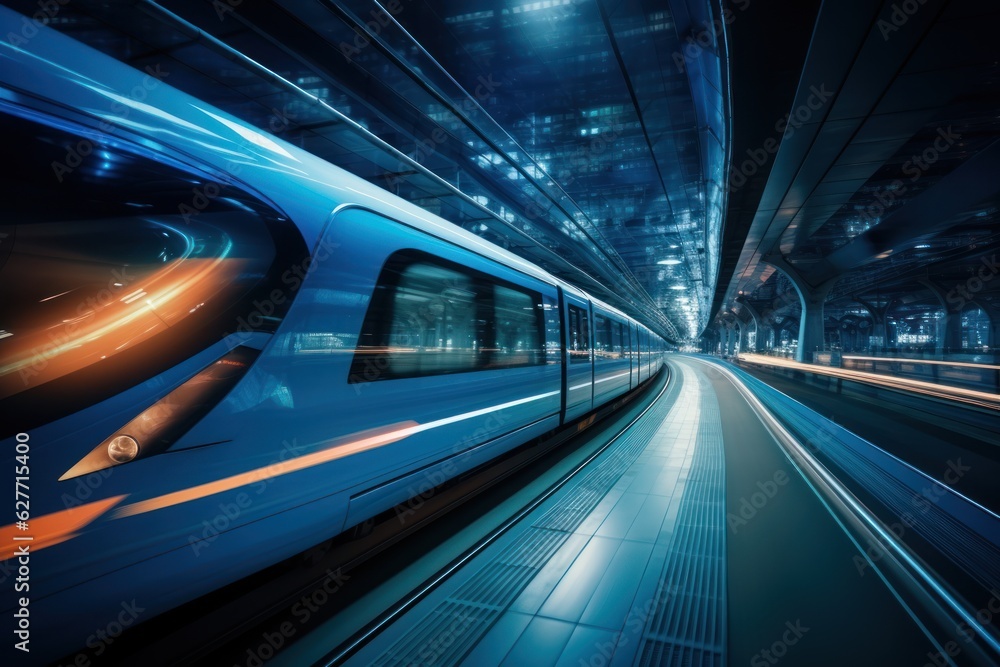 High-speed train in motion blur. Concept of speed and motion, Generative AI High-speed train in motion blur. Concept of speed and motion, Generative AI