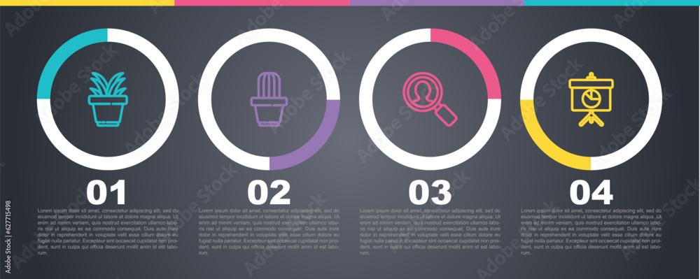 Set line Plant in pot, Cactus and succulent, Magnifying glass for search people and Chalkboard with diagram. Business infographic template. Vector Set line Plant in pot, Cactus and succulent, Magnifying glass for search people and Chalkboard with diagram. Business infographic template. Vector