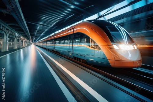 High-speed train in motion blur. Concept of speed and motion, Generative AI