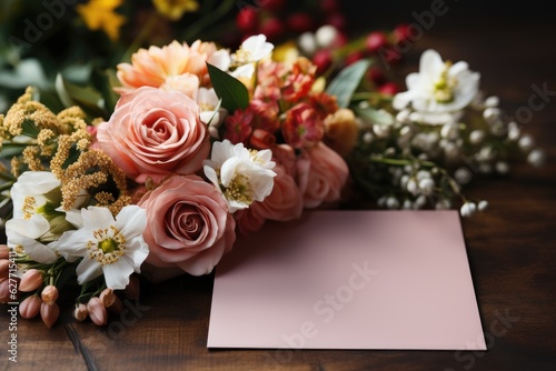 A bunch of flowers with a blank greeting card on the table