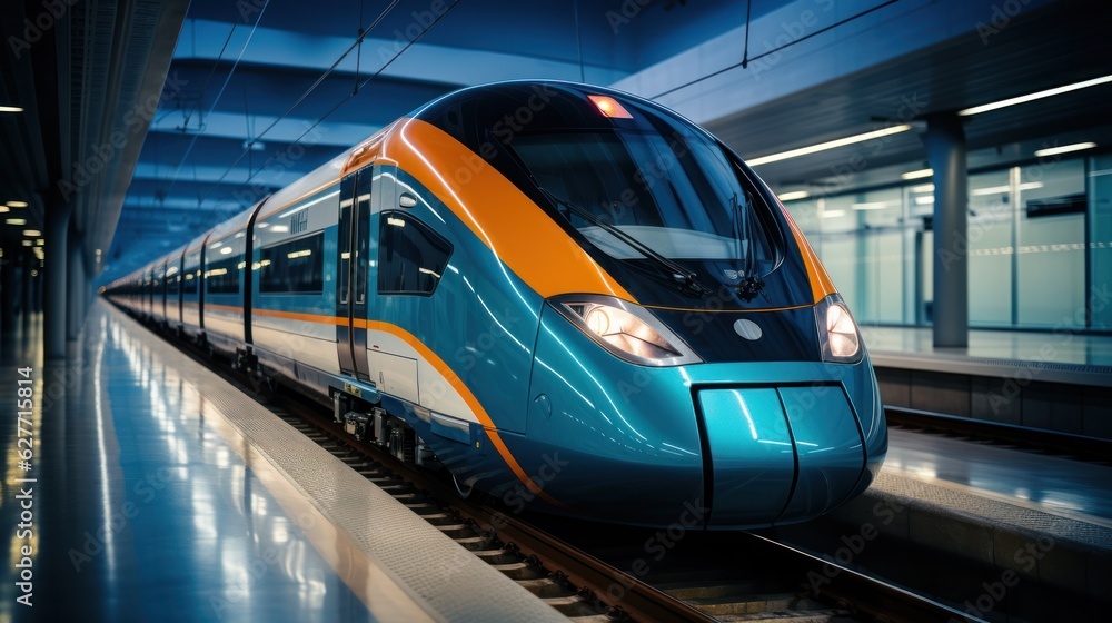 High-speed train in motion blur. Concept of speed and motion, Generative AI High-speed train in motion blur. Concept of speed and motion, Generative AI