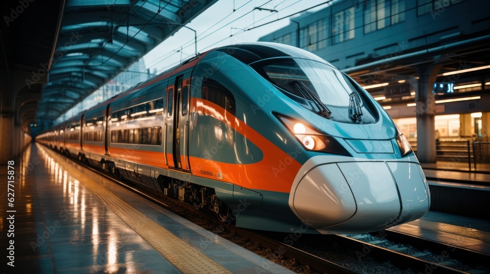 Naklejka premium High-speed train in motion blur. Concept of speed and motion, Generative AI