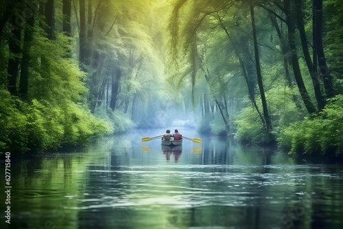 people ride canoe on the river in the forest