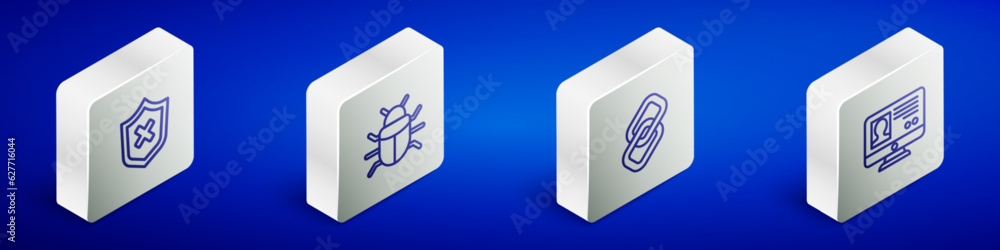Set Isometric line Shield with cross mark, System bug, Chain link and Create account screen icon. Vector Set Isometric line Shield with cross mark, System bug, Chain link and Create account screen icon. Vector