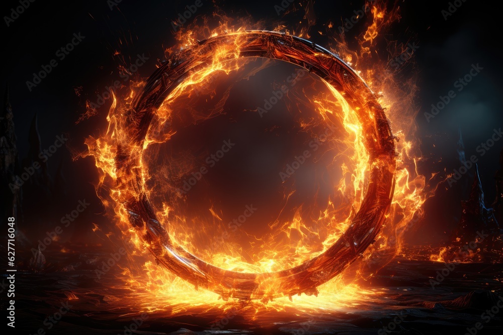 big circle with flames burning. sparks on a dark background - obrazy, fototapety, plakaty 