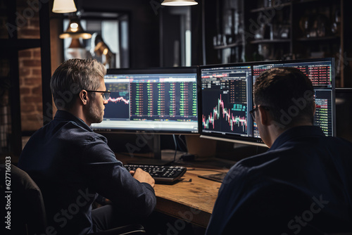 Finance guys trading stocks, crypo or forex in a business office on monitors with financial charts and analyze finance markets. Chart research. Charts screening. Analyzing data graphs. Generative AI
