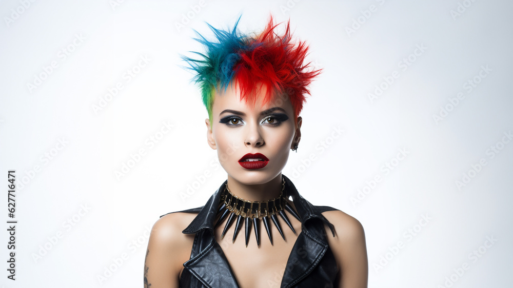 Young Punk Rock Girl from 1980s punk style with green, blue and red hair, black eyeshadow, deep red lipstick, and a spiked choker neckpiece - obrazy, fototapety, plakaty 