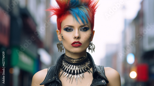 Young Punk Rock Girl from 1980s punk style with green, blue and red hair, black eyeshadow, deep red lipstick, and a spiked choker neckpiece