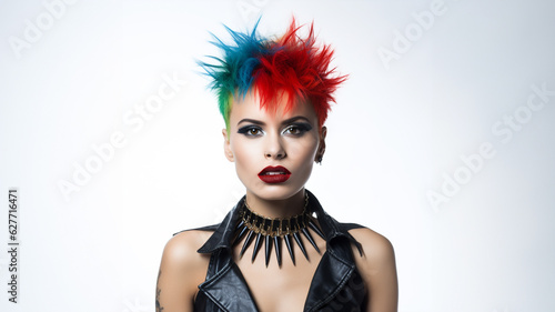 Young Punk Rock Girl from 1980s punk style with green, blue and red hair, black eyeshadow, deep red lipstick, and a spiked choker neckpiece photo