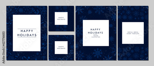 Monochromatic Merry Christmas Greeting Cards, social media story, and Poster on Navy Blue gradient background and soft white Christmas elements. Elegant Christmas Template designs. Vector Art.