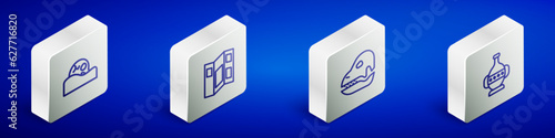 Set Isometric line Human skull, Museum guide brochure, Dinosaur and Ancient amphorae icon. Vector