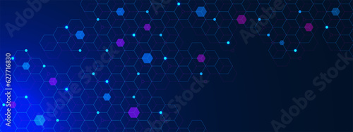 Minimal geometric shape with hexagons pattern and glowing particle on dark blue background. Medical, chemistry, science and technology concept.