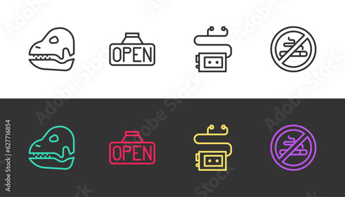 Set line Dinosaur skull, Hanging sign with Open, Museum audio guide and No Smoking on black and white. Vector