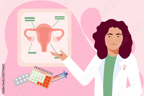 Gynecology, female health. Uterus, ovary and womb. Medical treatment. Endometriosis, endometrium dysfunctionality, endometriosis treatment concept. Doctor make uterus examination. For banner, web page