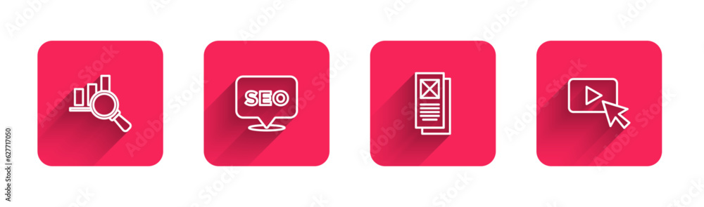 Set line Magnifying glass and analysis, SEO optimization, Browser window and Advertising with long shadow. Red square button. Vector Set line Magnifying glass and analysis, SEO optimization, Browser window and Advertising with long shadow. Red square button. Vector