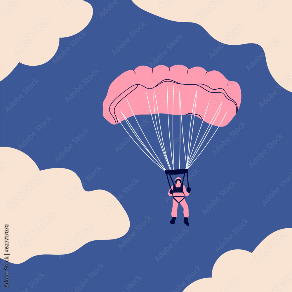 Skydiver flying with parachute. Tiny cute little character. Hand drawn