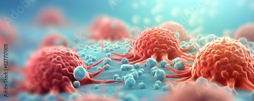 Molecular structure of cancer cells under microscope, realistic macro body panorama.