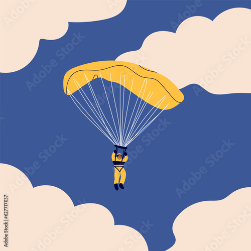 Skydiver flying with parachute. Tiny cute little character. Hand drawn colorful illustration. Isolated design element. Paragliding, skydiving, parachute jump, extreme sport, activities concept