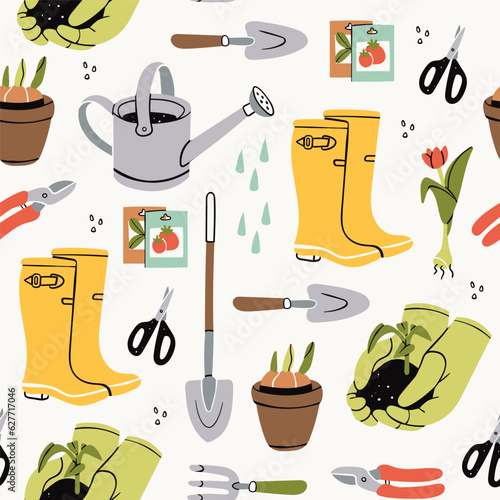 Various garden items. Gardening Tools. Gloves with seedling, flower pot, tulip, shears, scissors, shovel, rubber boots, watering can, seeds. Hand drawn Vector seamless Pattern. Horticulture concept