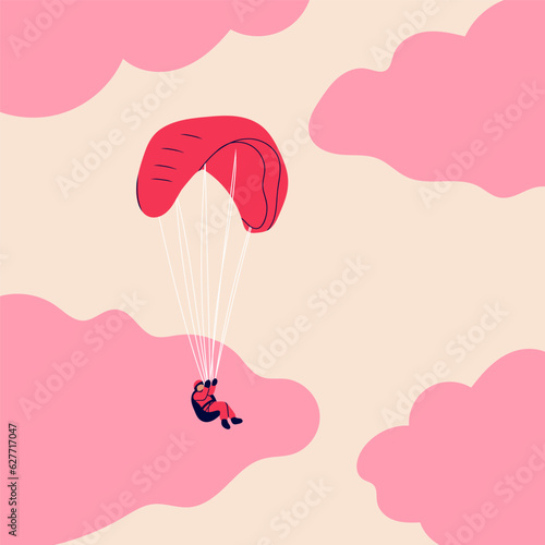 Skydiver flying with parachute. Tiny cute little character. Hand drawn colorful illustration. Isolated design element. Paragliding, skydiving, parachute jump, extreme sport, activities concept