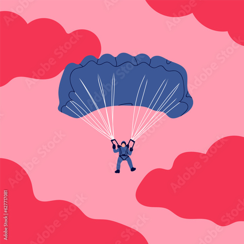 Skydiver flying with parachute. Tiny cute little character. Hand drawn colorful illustration. Isolated design element. Paragliding, skydiving, parachute jump, extreme sport, activities concept