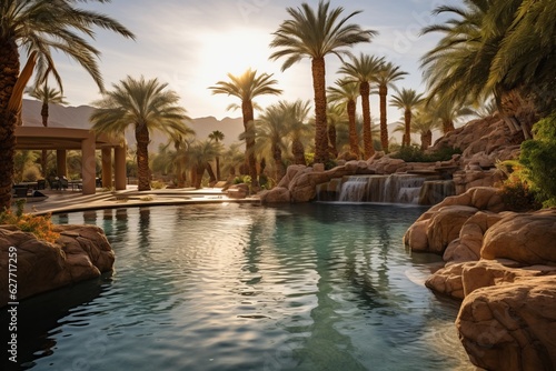 Peaceful Oasis with Palm Trees and a Sparkling Pool, Generative AI © Giantdesign