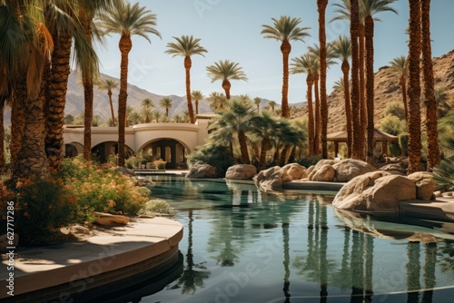 Peaceful Oasis with Palm Trees and a Sparkling Pool, Generative AI © Giantdesign