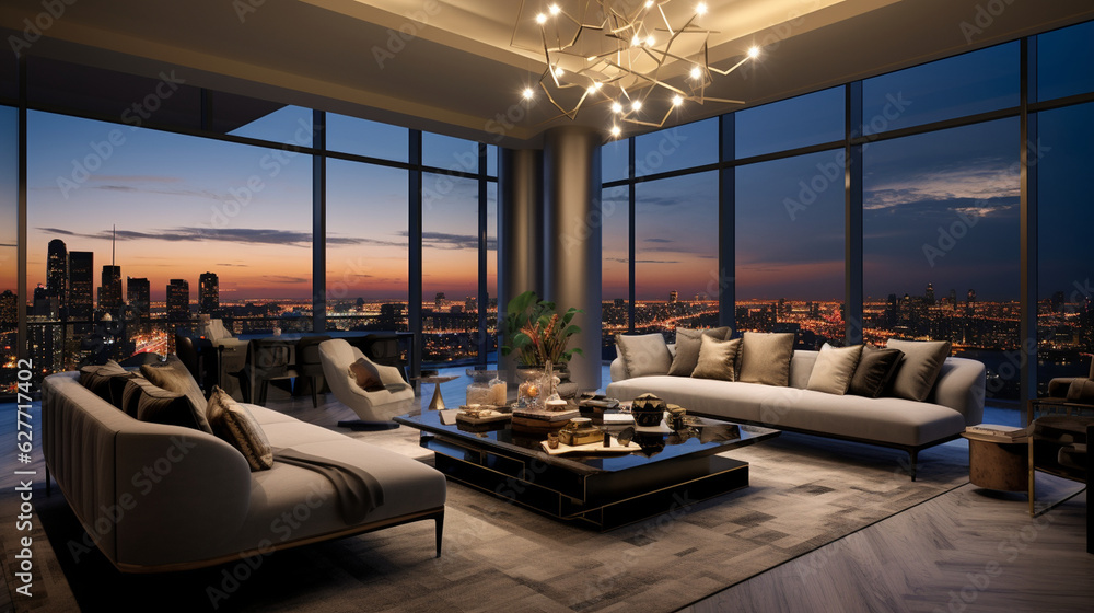 A contemporary luxury penthouse with marble floors, velvet upholstery, and expansive windows offering a breathtaking city skyline. Generative AI