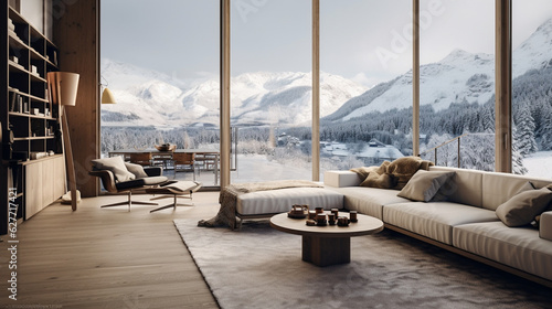A modern Scandinavian-style apartment with light oak wood floors  a soft wool rug  and floor-to-ceiling windows offering a breathtaking view of snow-capped mountains. Generative AI