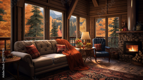 A cozy cabin-style apartment with knotty pine walls, a plush faux fur rug, and windows framing a serene forest filled with autumn colors. Generative AI